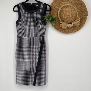 DKNY Faux Leather Wrap Houndstooth Sleeveless Dress Sheath MIDI Black‎ White 2